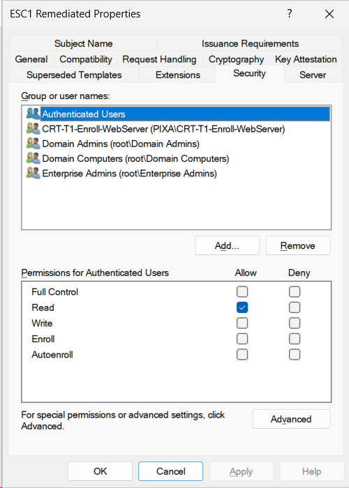 Screenshot of the Certificate Template Properties dialog showing the Security tab after remediation. The Group or user names list includes Authenticated Users, CRT-T1-Enroll-WebServer (highlighted at the top of the relevant entries), Domain Admins, Domain Computers, and Enterprise Admins. Authenticated Users is selected. In the Permissions pane, only Read is checked under Allow; Enroll is no longer checked.