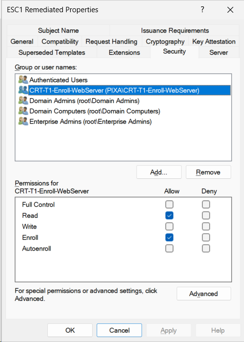 Screenshot of the Certificate Template Properties dialog showing the Security tab with the CRT-T1-Enroll-WebServer group selected in the Group or user names list. In the Permissions for CRT-T1-Enroll-WebServer pane, the Allow checkboxes for both Read and Enroll are checked. Other permissions remain unchecked.
